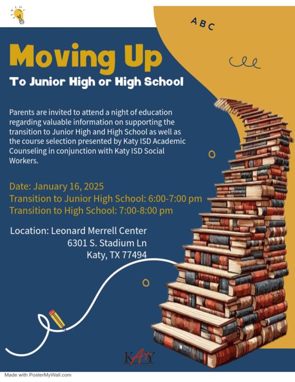 Moving Up Meeting January 16, 2025 Location: Merrell Center New Junior High Parents: 6-7pm New High School Parents: 7-8pm
